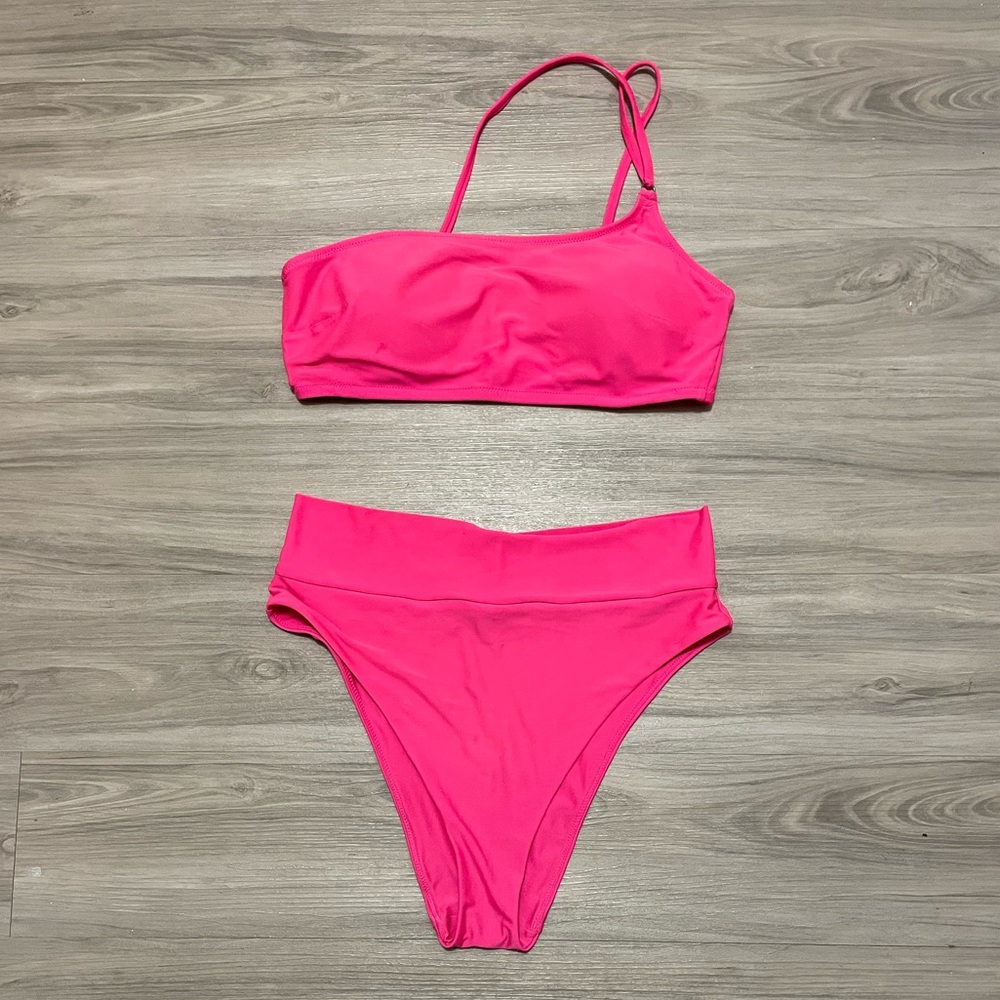 Aerie Hot Pink One-Shoulder Bandeau Bikini Top and High-Waisted Bottom, size L